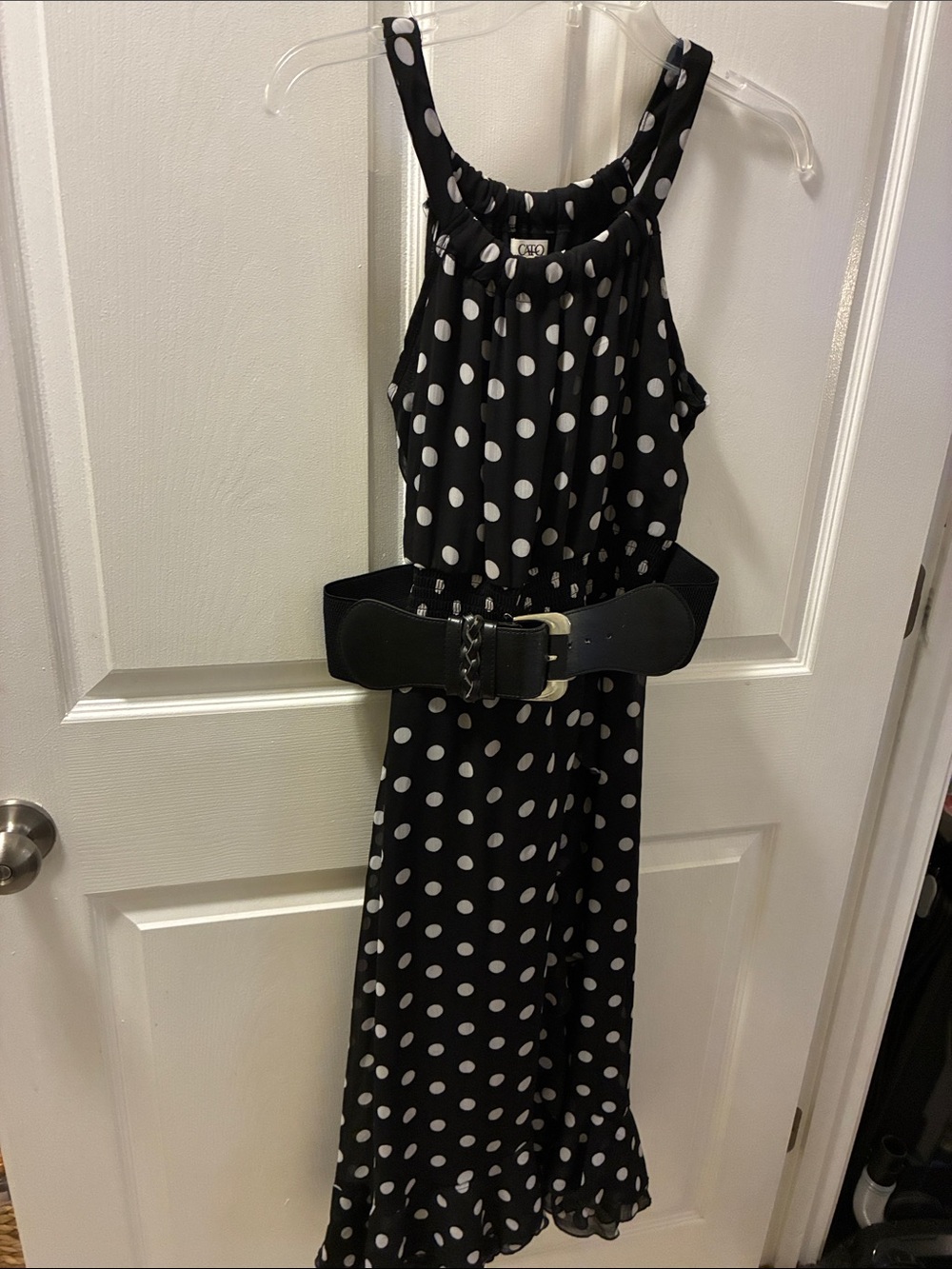 Cato Fashion Black Polka Dot Dress w/belt elastic waist & neckline, black lining